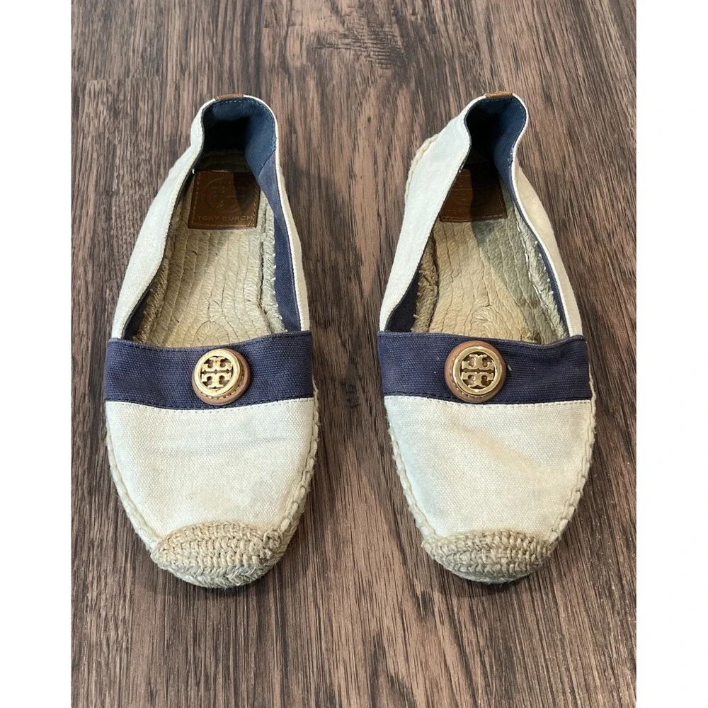 TORY BURCH ESPADRILLE BEIGE AND NAVY SHOES SIZE 6.5